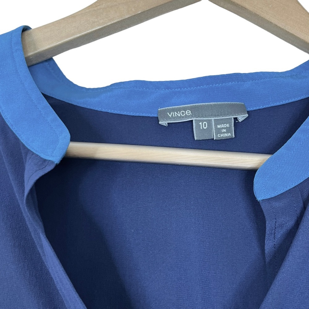 Vince Silk Contrast Split Neck Long Sleeve Popover Blouse - Picture 9 of 9